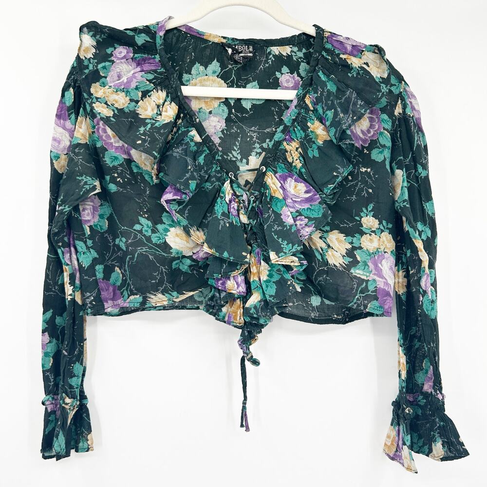 Symbol 2000 Womens Y2K Vacay Resortwear Ruffled‎ Floral Cropped Blouse Size M